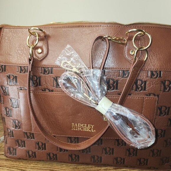 Badgley Mischka Monogram Leather Tote Bag With Gold Hardware - Picture 8 of 10